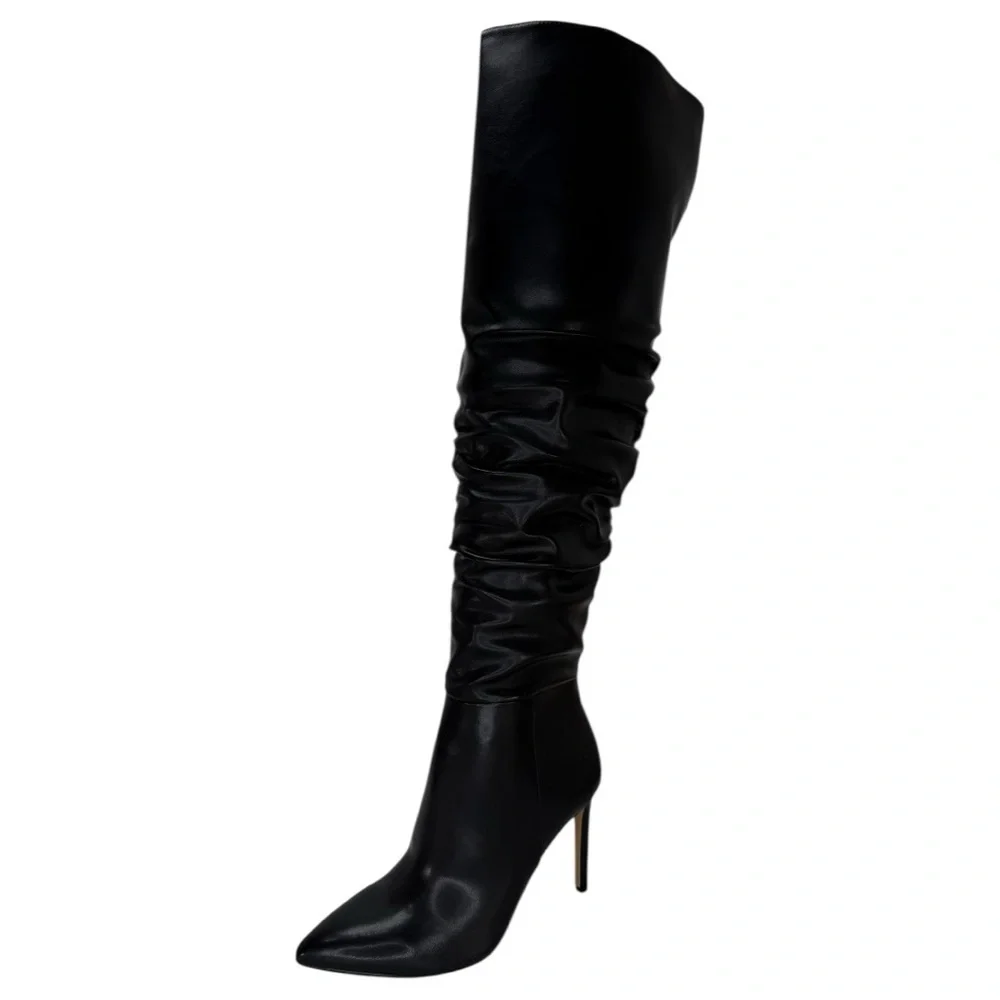 INC Iyonna Black Faux Leather Ruched Shaft OTK Heeled Womens Boots Size 8M
